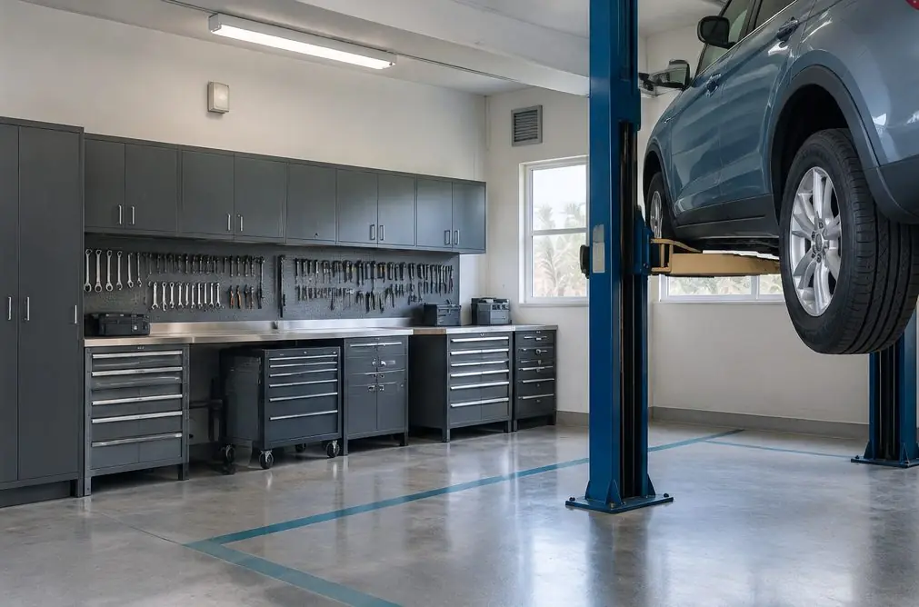 Illustration: a Torrance auto repair bay with a vehicle on a lift, modular drawer cabinets and a long stainless bench along the back wall, tools laid out in drawers