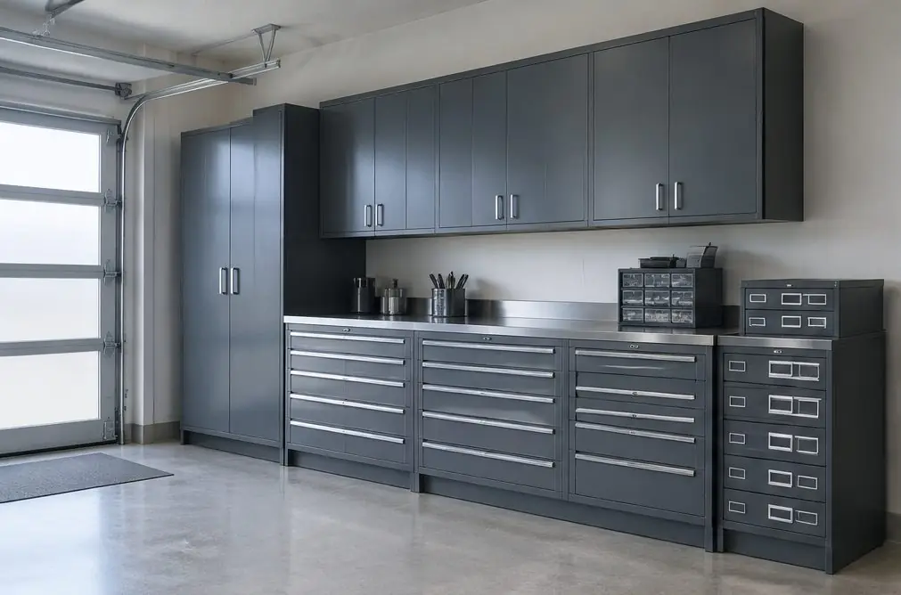 Illustration: a Torrance small-business shop wall of heavy-gauge steel cabinets and drawer units in dark gray with a stainless bench top and labeled parts drawers