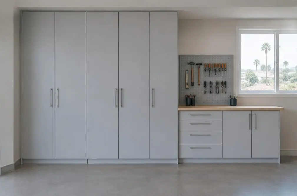 Illustration: custom garage cabinets in a light gray finish with full-height doors reaching a Torrance garage ceiling beside a window, a bench top and a pegboard section