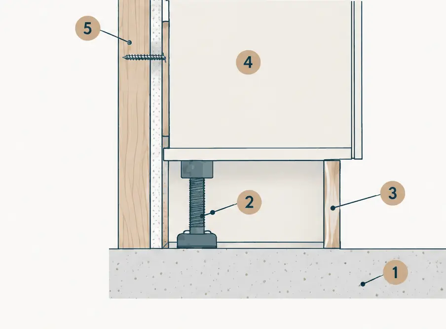 Diagram: side view of a base cabinet standing on an adjustable leg above a concrete slab, a toe-kick cover set back from the front and a back rail screwed through the drywall into a stud