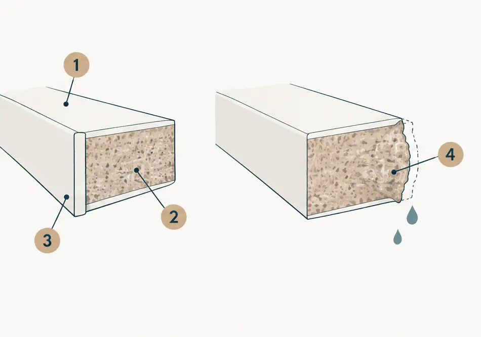 Diagram: two cross-sections of a melamine cabinet side, one with an edge band that seals the particleboard core and one with a raw cut edge where damp air can enter