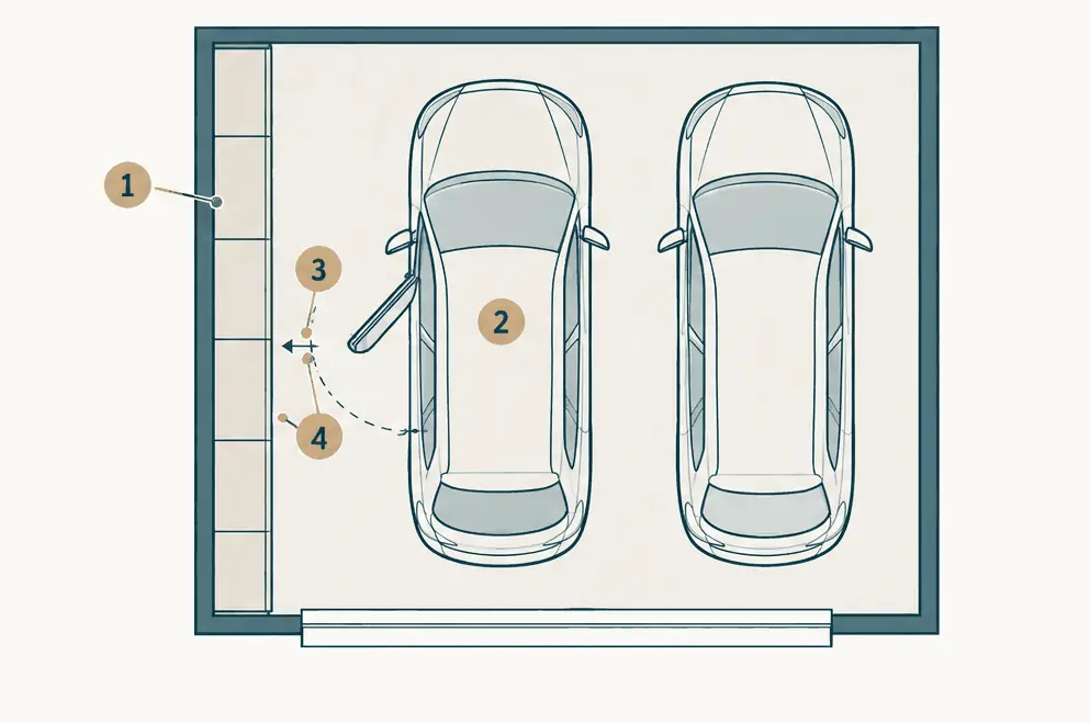 Diagram: top view of a two-car garage with two parked cars, a thin run of cabinets along the left side wall and a dashed arc of an opened car door that stops short of the cabinets