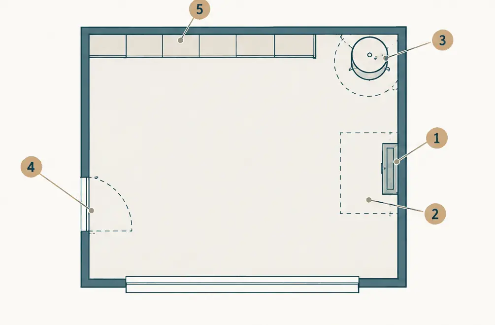 Diagram: top view of a garage with a run of cabinets on the back wall that stops short of an electrical panel with a dashed working space, a water heater with a dashed ring and a house door with its swing arc