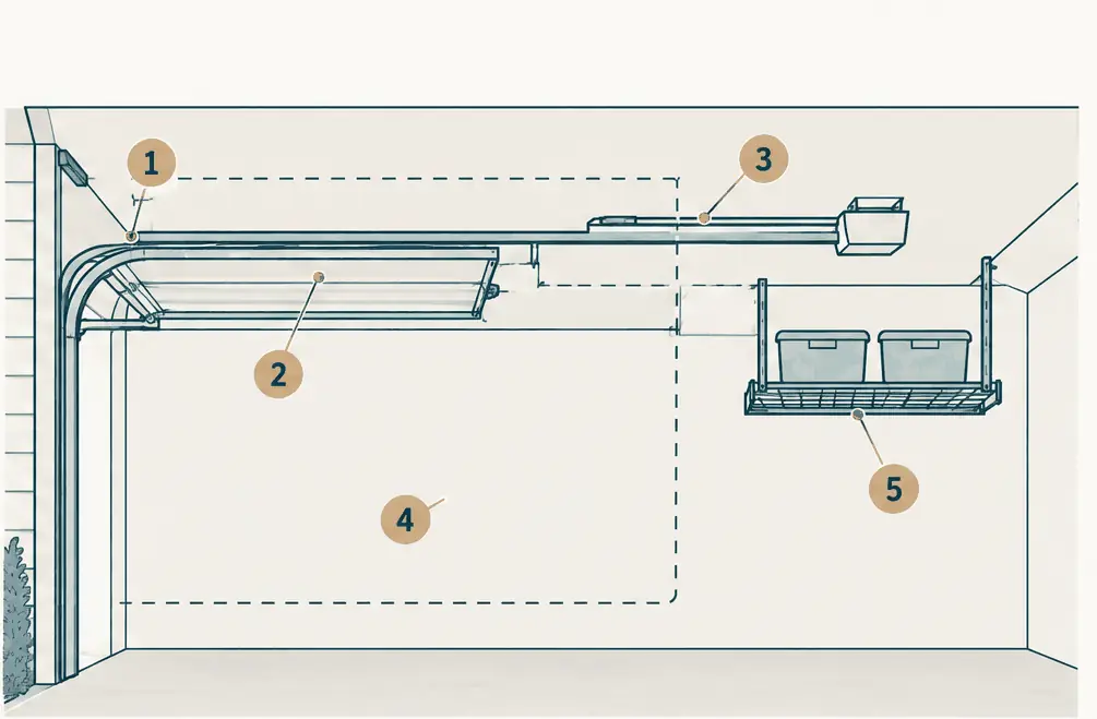 Diagram: side view of a garage with the sectional door raised under the ceiling on curved tracks, an opener rail, a dashed keep-clear zone and an overhead rack hanging beyond the zone
