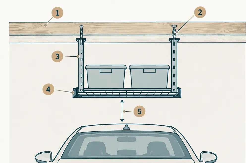 Diagram: side view of an overhead storage rack hung from ceiling joists by lag screws, with the garage door track and opener rail beside it