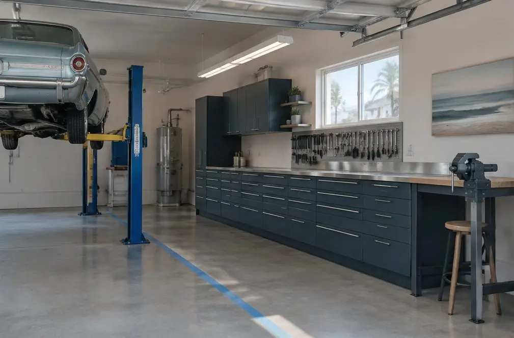 Illustration: a two-bay Old Torrance auto repair shop with a car on a lift, a long run of dark modular drawer cabinets with a steel top along the back wall and a workbench with a vise at one end