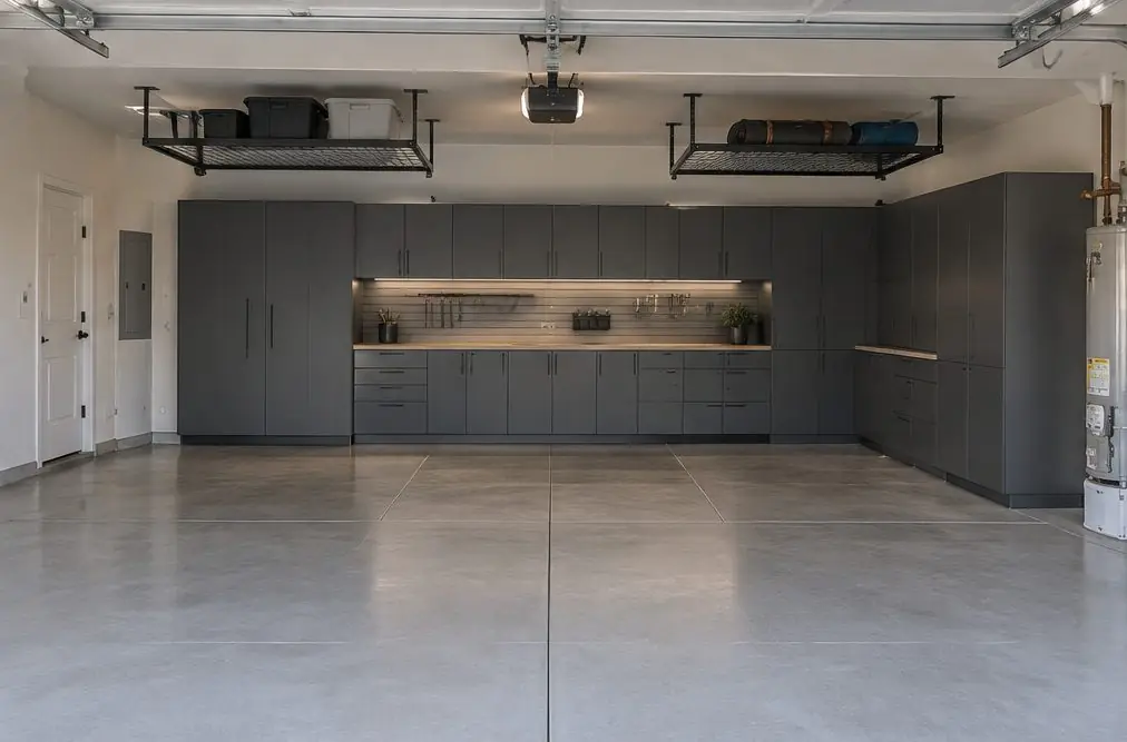 Illustration: a West Torrance three-car garage with an L-shaped run of dark gray steel cabinets, a bench with slatwall above it, two overhead racks near the ceiling and three bays kept clear for cars
