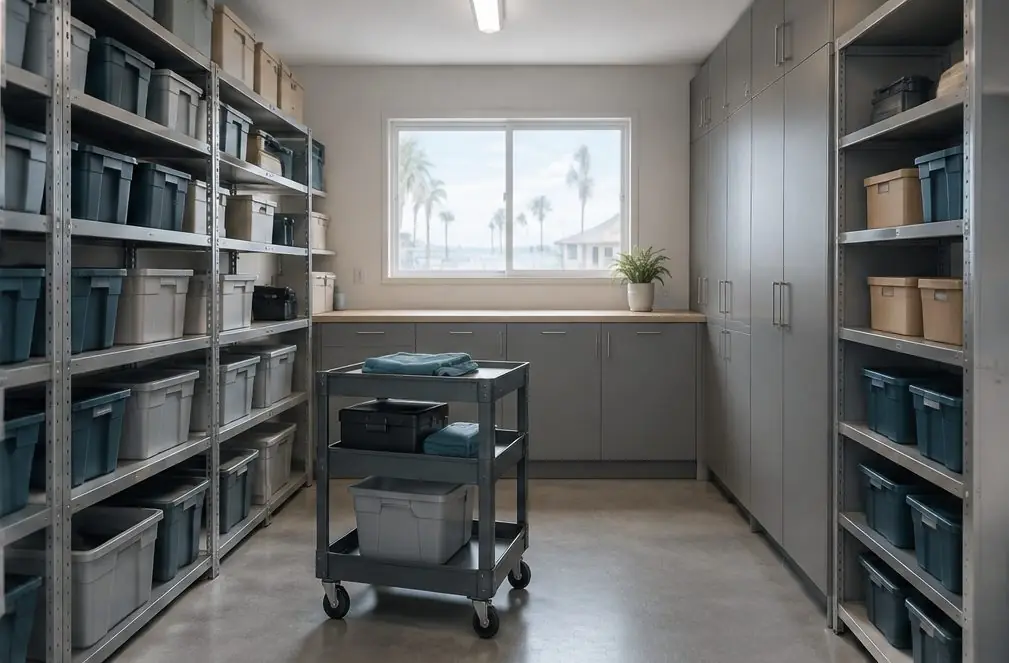Illustration: a small Seaside maintenance room with gray steel shelving units and cabinets along two walls, labeled bins on the shelves and a rolling cart in the aisle
