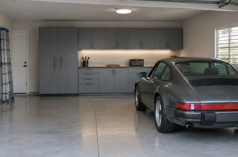Illustration: a Walteria two-car garage with a back wall of gray powder-coated steel base and wall cabinets, a task light under the wall cabinets and a car parked in front with room to open its doors