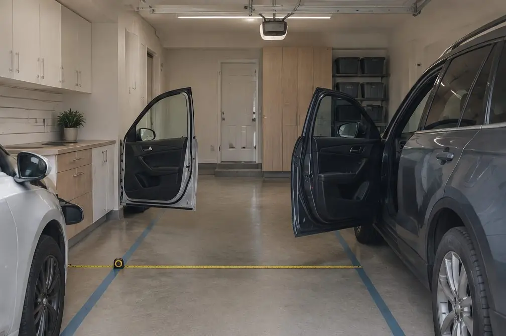 Illustration: a narrow Southwood two-car garage with a short run of light melamine cabinets on one side wall, two cars parked with their doors open and a measuring tape stretched across the floor