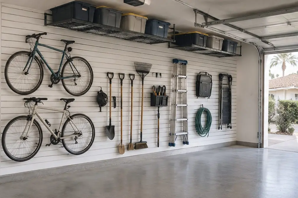 Illustration: a North Torrance garage with a white PVC slatwall wall carrying bikes, ladders and tools on hooks and two ceiling racks full of bins near the ceiling, both beside the door tracks