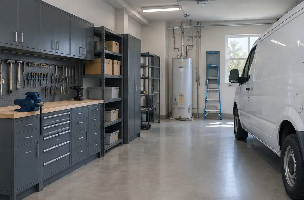 Illustration: a Torrance contractor garage with steel cabinets and a pegboard-style tool wall, a bench with a vise and open shelves of labeled boxes beside a work van