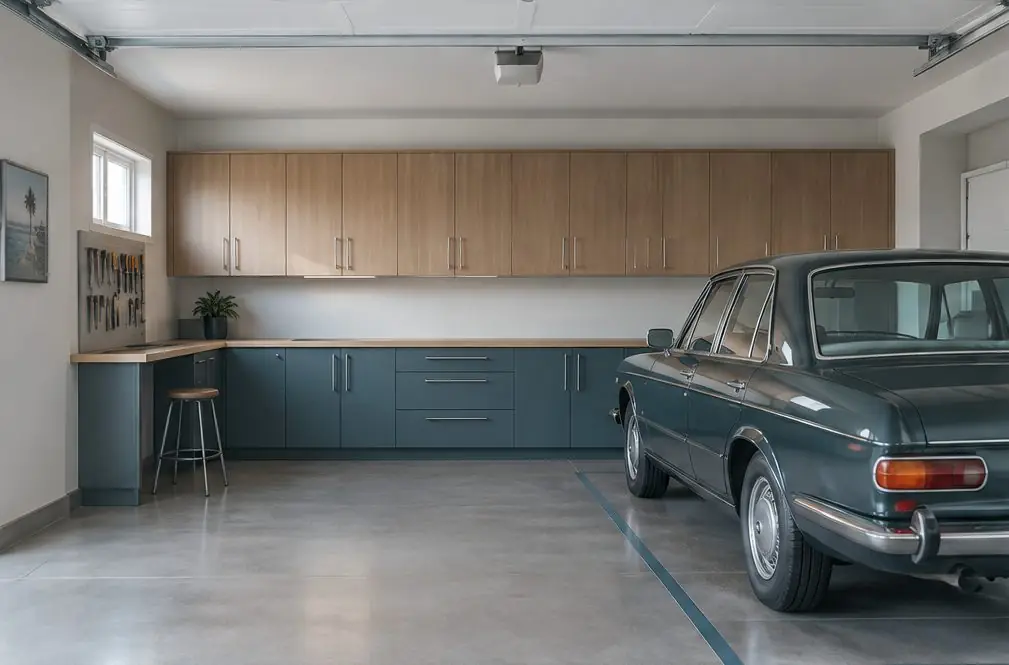Illustration: a tidy Torrance two-car garage with a run of steel base and wall cabinets along the back wall, a workbench at one end and a car parked in front