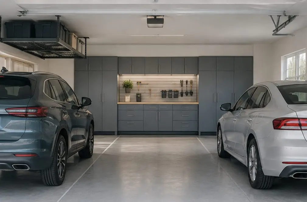 Illustration: a finished Torrance two-car garage with steel cabinets on the back wall, a bench with slatwall above it, an overhead rack in one corner and two cars parked with room to open their doors