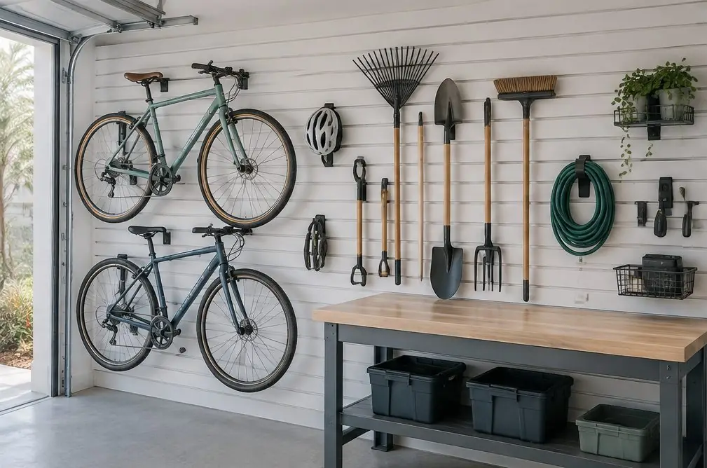 Illustration: a Torrance garage wall covered in white PVC slatwall panels with bikes, garden tools and a helmet hanging from hooks, a workbench below
