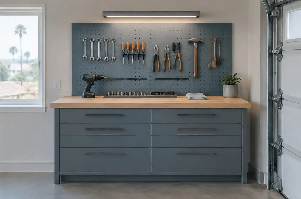 Illustration: a Torrance garage workbench with a maple top, a bank of drawers underneath, a pegboard panel above and a task light, tools laid out in a neat row