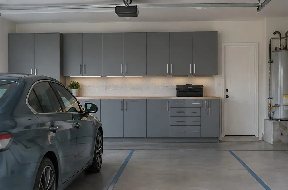 Illustration: the same garage with a finished run of steel base and wall cabinets along the back wall