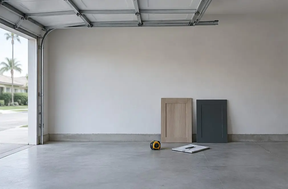 Illustration: a plain Torrance two-car garage with a bare back wall, a tape measure, a notepad and two cabinet door samples leaning against the wall