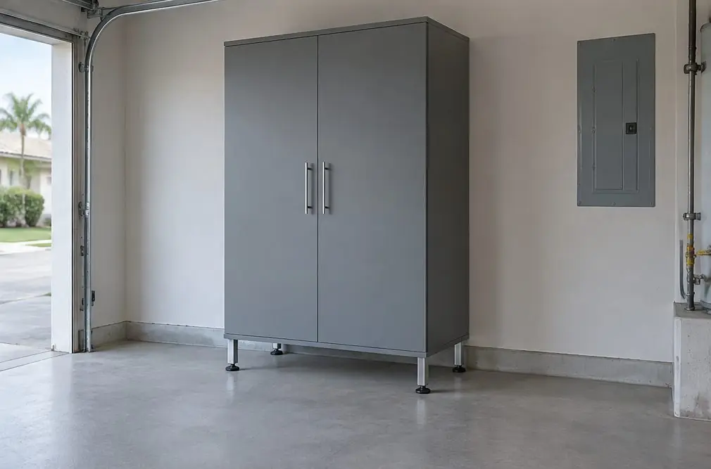 Illustration: a dry garage corner with a gray powder-coated steel cabinet standing on adjustable legs above a clean concrete floor