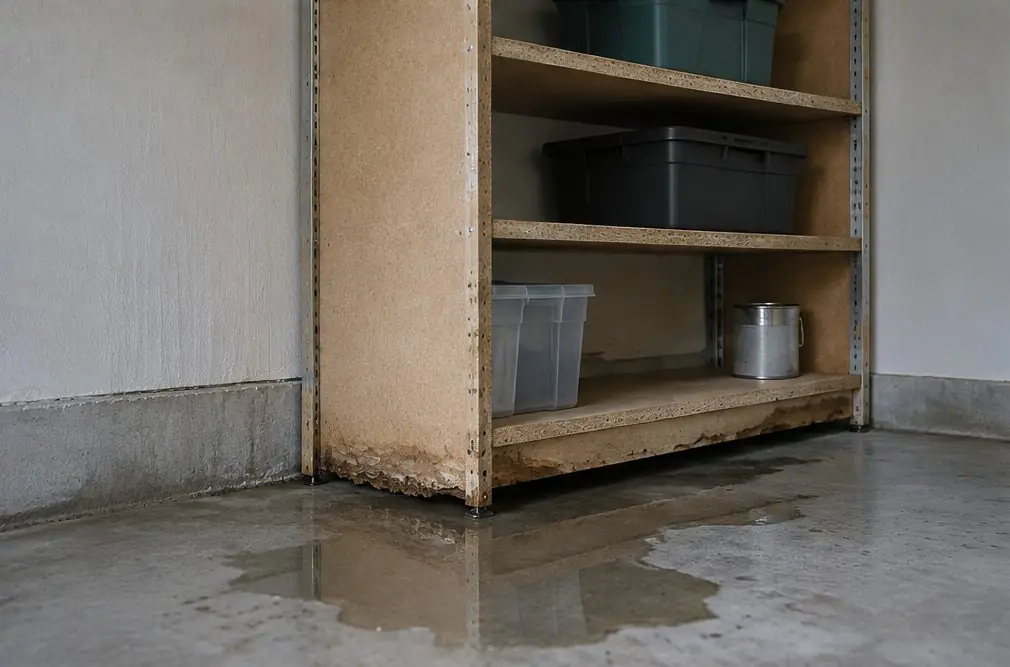 Illustration: a damp-looking garage corner with a particleboard shelf unit whose bottom edge has swollen and a puddle on the concrete floor