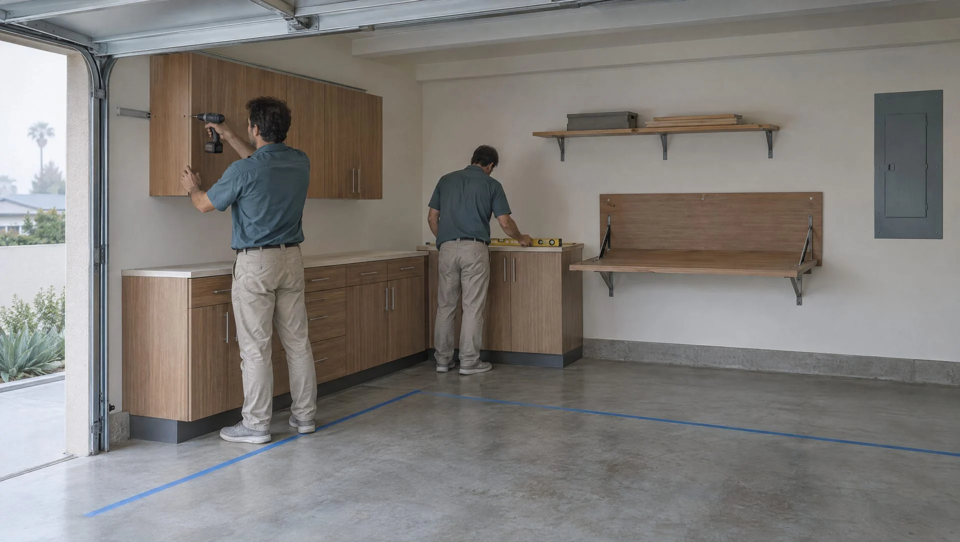 Illustration: two garage storage installers in matching slate-teal work shirts fitting wood-tone cabinets along the side wall of a Torrance two-car garage, one fastening a wall cabinet onto a rail on the studs and the other checking a base cabinet with a level, a taped car line on the floor (AI-generated)