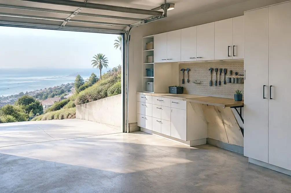 Illustration: a tidy two-car garage with a run of cabinets in a typical Hollywood Riviera home