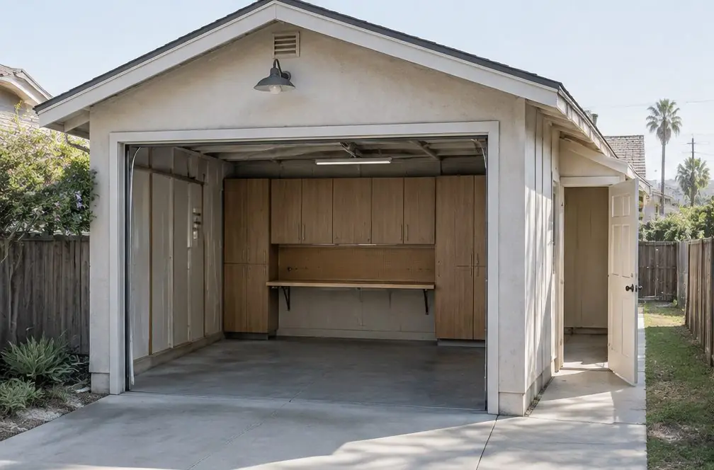 Illustration: a tidy two-car garage with a run of cabinets in a typical Old Torrance home