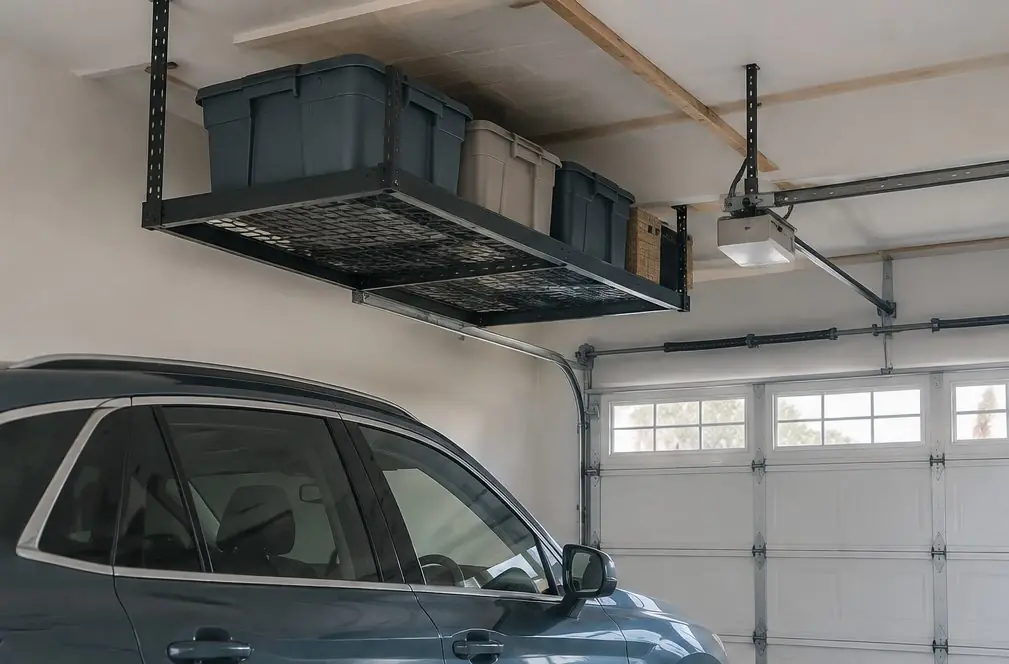 Illustration: a ceiling-mounted storage rack in a Torrance garage hanging from joists beside the garage door track, storage bins on top and a parked car underneath with room to spare