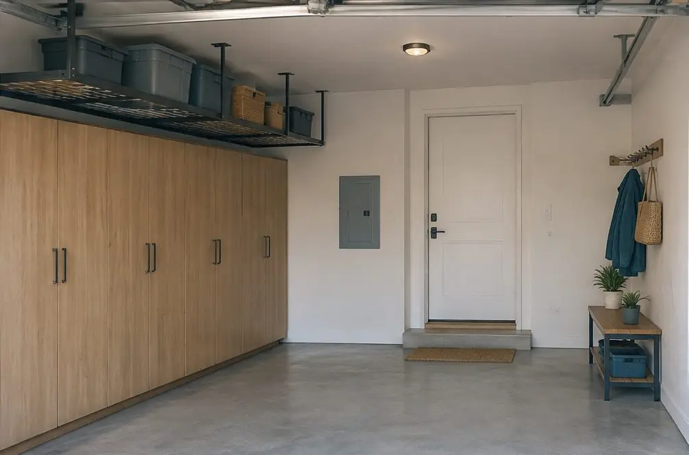 Illustration: a tidy two-car garage with a run of cabinets in a typical Southwood Riviera home