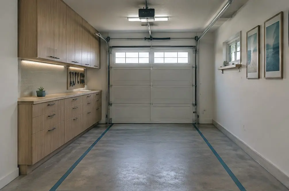 Illustration: a tidy two-car garage with a run of cabinets in a typical Southwood home