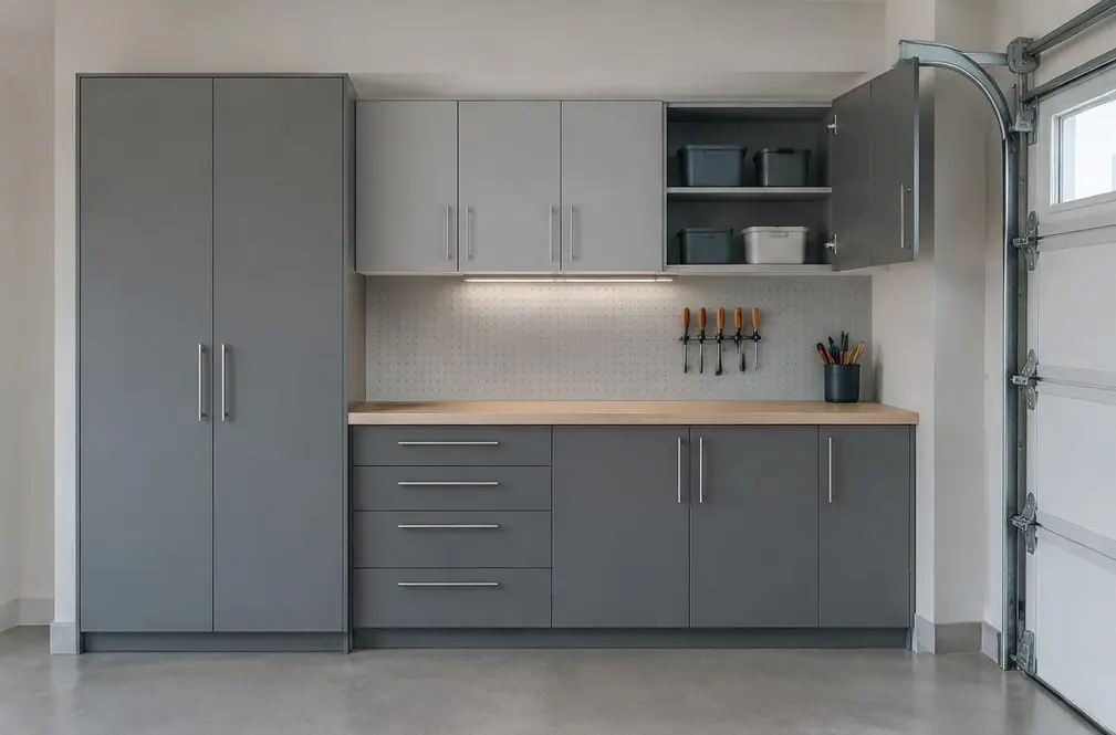Illustration: a Torrance garage wall of powder-coated steel cabinets in two shades of gray, a tall cabinet at one end and a wall cabinet with its door open above a workbench
