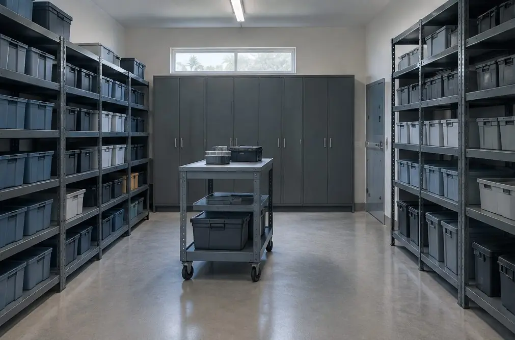 Illustration: a Torrance maintenance room with steel shelving units and cabinets along two walls, labeled bins on the shelves and a rolling cart in the aisle