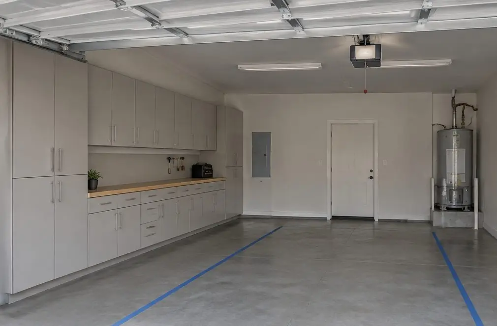 Illustration: a tidy two-car garage with a run of cabinets in a typical West Torrance home